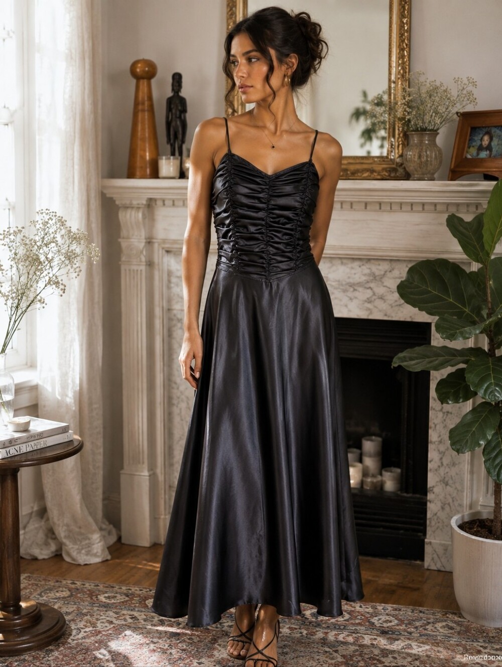 Vintage Y2K Victoria's Secret Black Satin Nightgown Size M Ruched Maxi Romantic